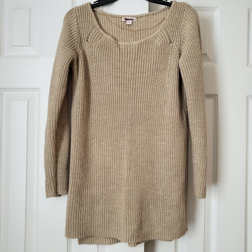 Sweater Dress Chunky Knit Mini Fitted Tan L